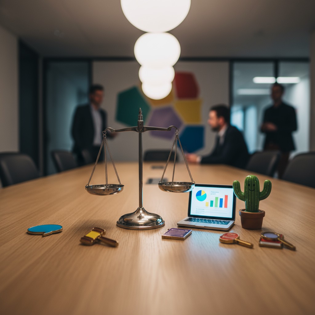 A light-wood conference table showcases various office supplies and accessories, set against a backdrop of a hallway featu...