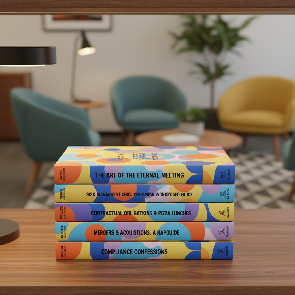 A stack of four brightly colored books with business-related titles, sitting on a wooden table in an office with several p...