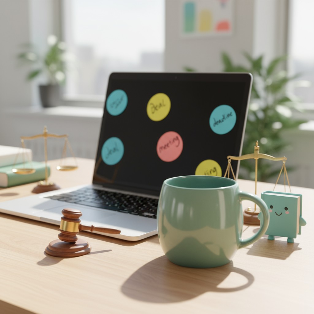 Laptop on a desk next to a gavel and a book.